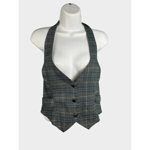 Anchor Blue Plaid Halter Vest Large Gray Preppy Button Front